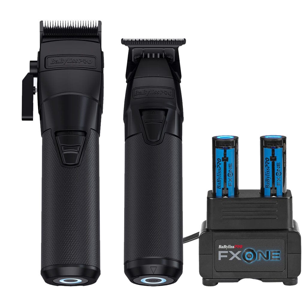 BabylissPro FXONE BlackFx Clipper, Trimmer and Dual-Battery Charging Prepack Kit Curl N Comb
