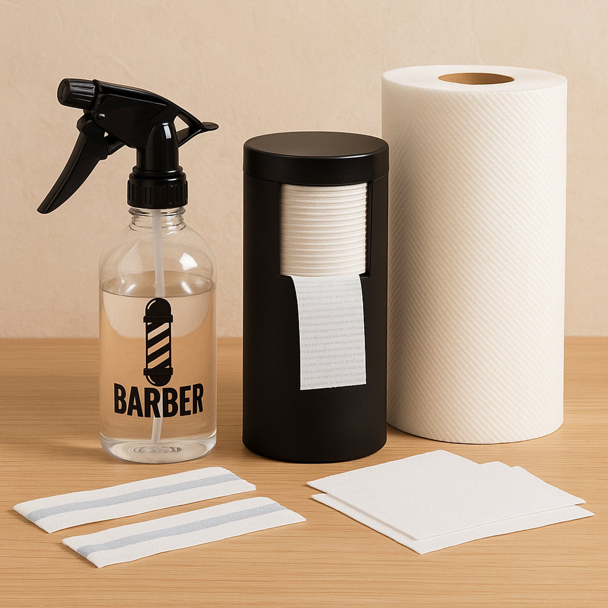 Barber-themed bottle, paper towels, and strips on a wooden surface with a beige background