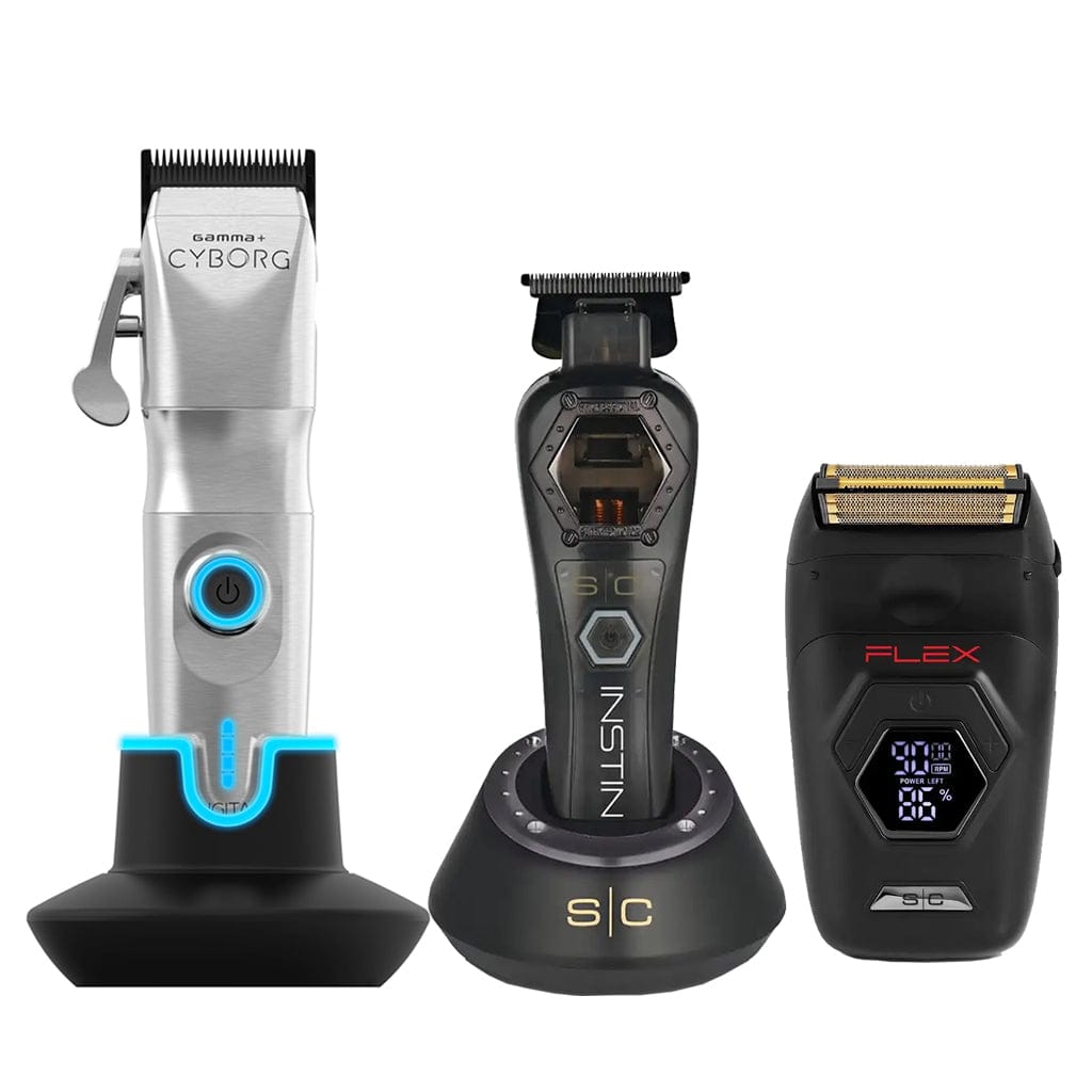 GAMMA+ Cyborg Metal Hair Clipper, StyleCraft Instinct Metal Trimmer and Flex Shaver Combo Kit Curl N Comb