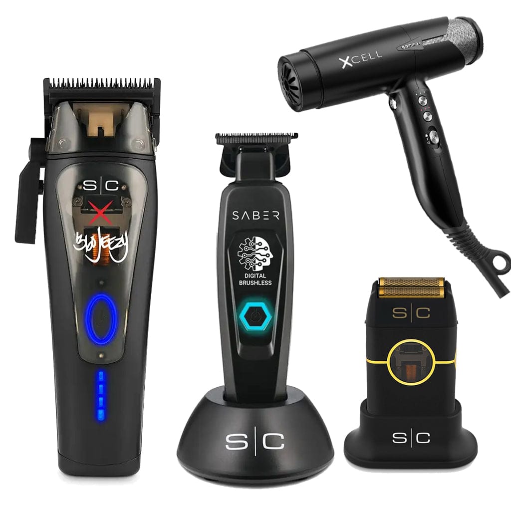 StyleCraft X 360 Jeezy Clipper, Saber Trimmer, Instinct Double Foil Shaver and Gamma+ Xcell Hair Dryer Kit Curl N Comb